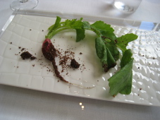 レ・クレアシオン・ド・ナリサワの驚きの一皿。土のように見えるのは、ペッパーを砕いて揚げたものです。もちろん食べられますよ。